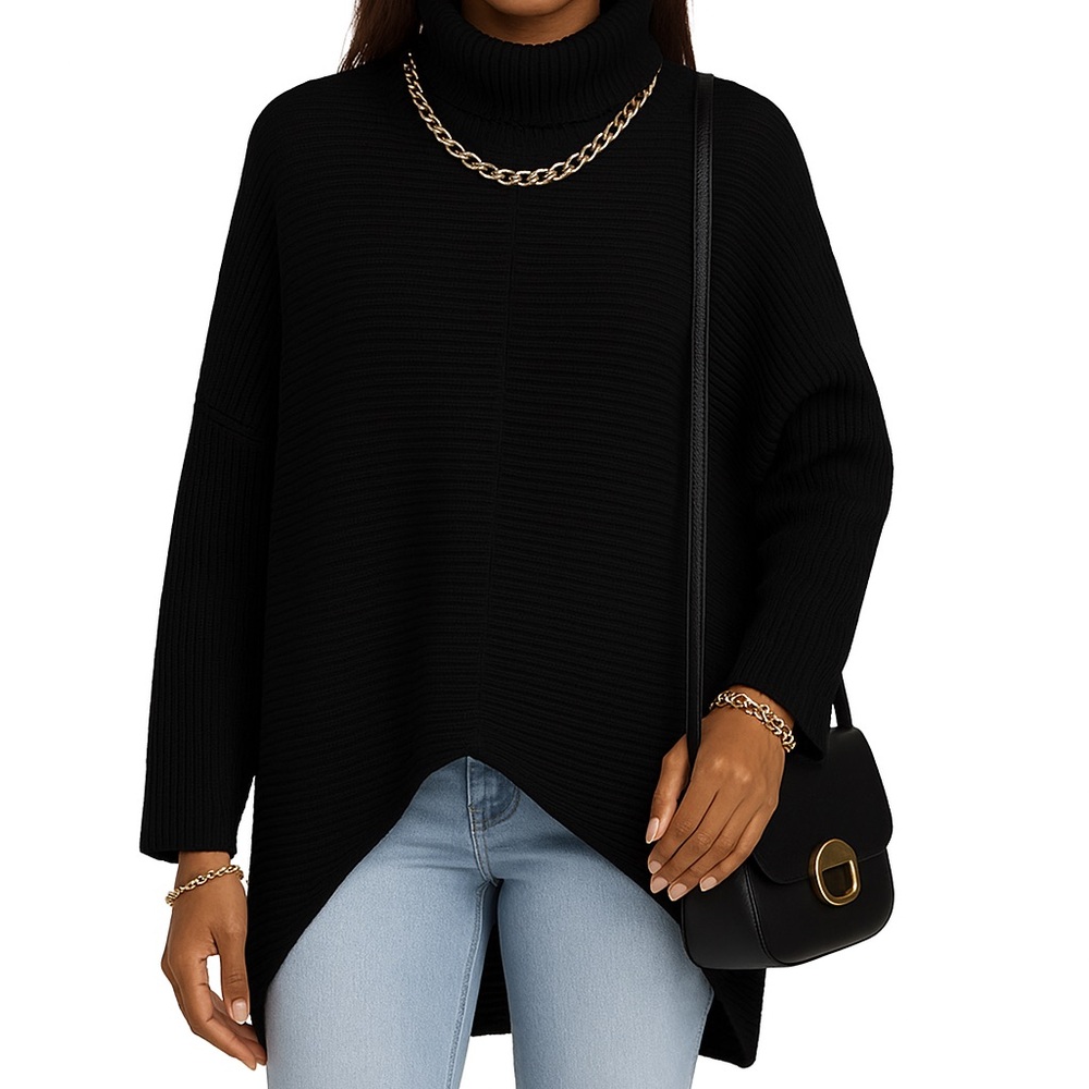 CYRUS Elegant Black Turtleneck High Low Sweater Small